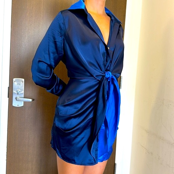 BRAND NEW LENA Colorblock Front Tie Button Shirt Dress - Picture 4 of 10